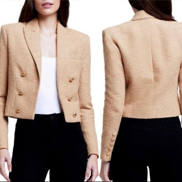 House of Harlow Tweed Cropped Tan Blazer Jacket Size XS Gold Buttons neutral - Picture 4 of 12